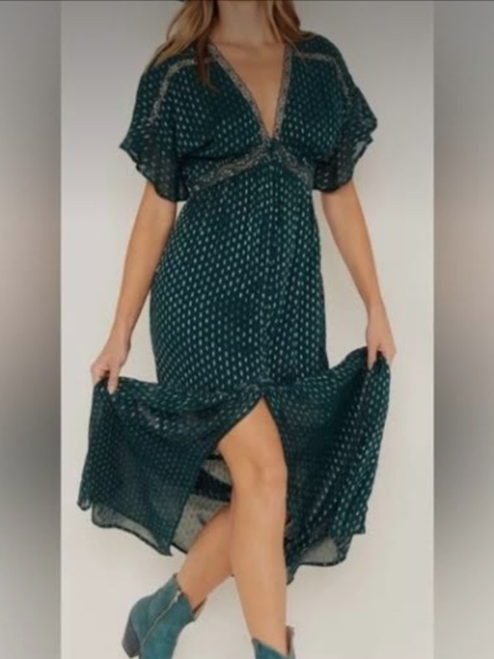 Shyanne Teal Maxi Dress with V-Neck and Print Size XL